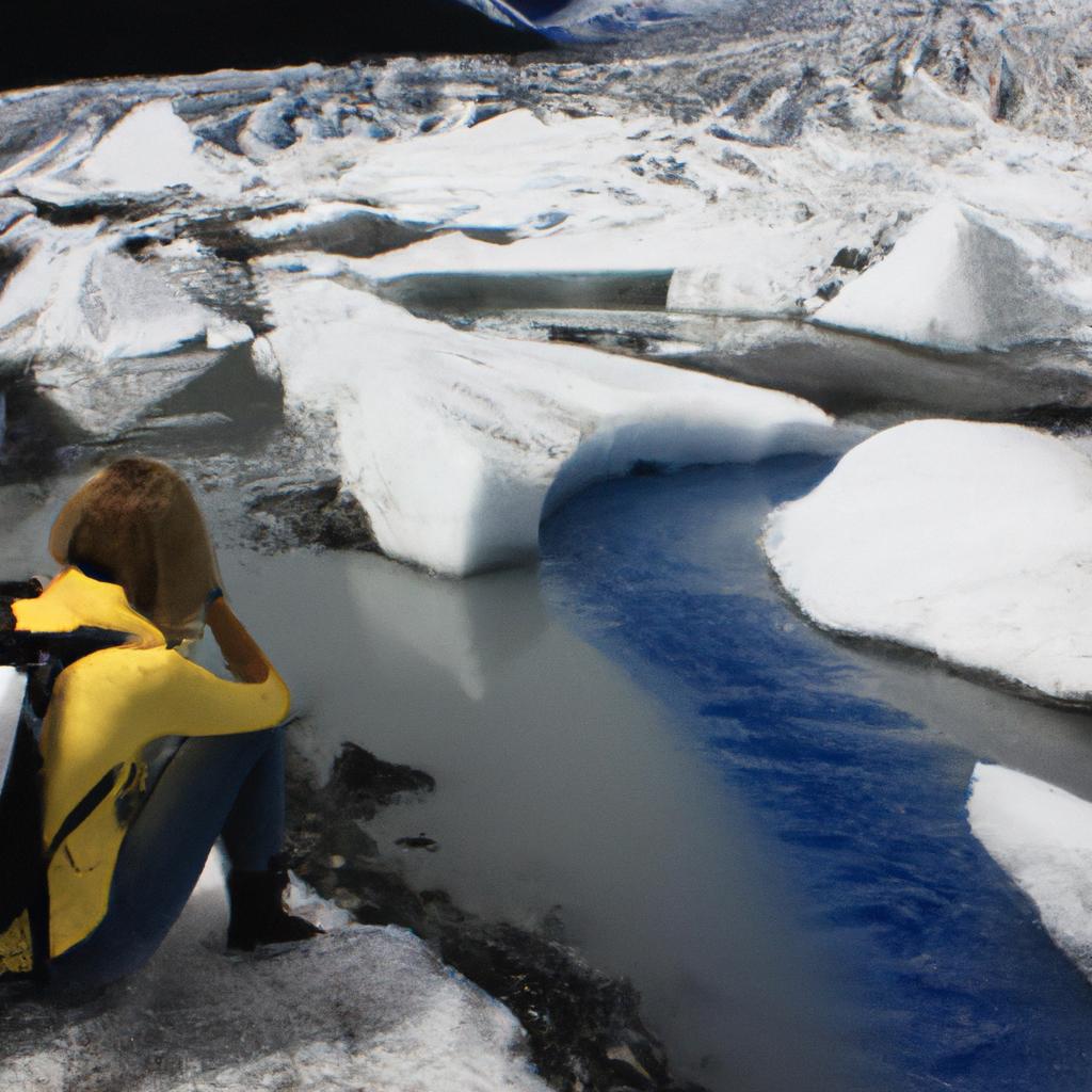 Person studying melting glaciers, environment