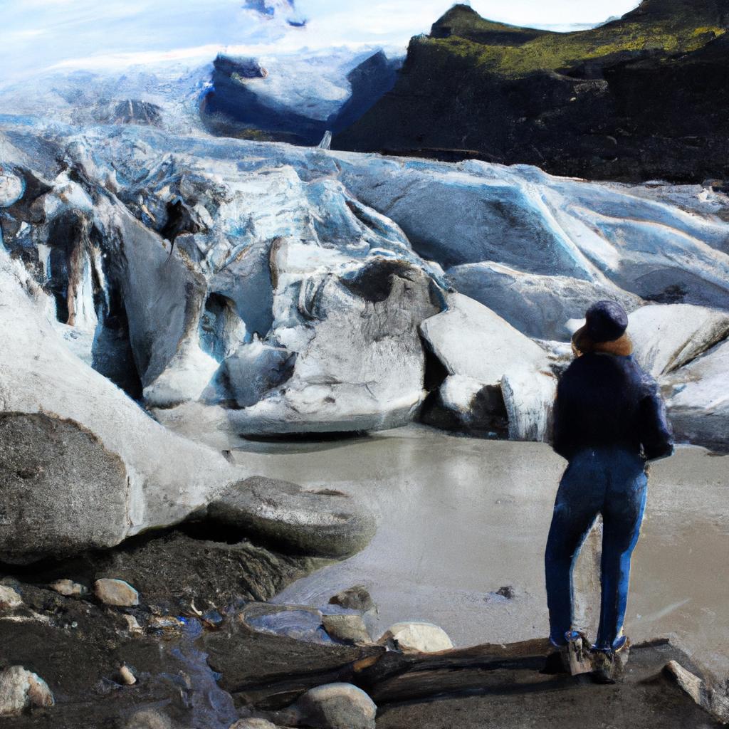 Person observing melting glacier, concerned