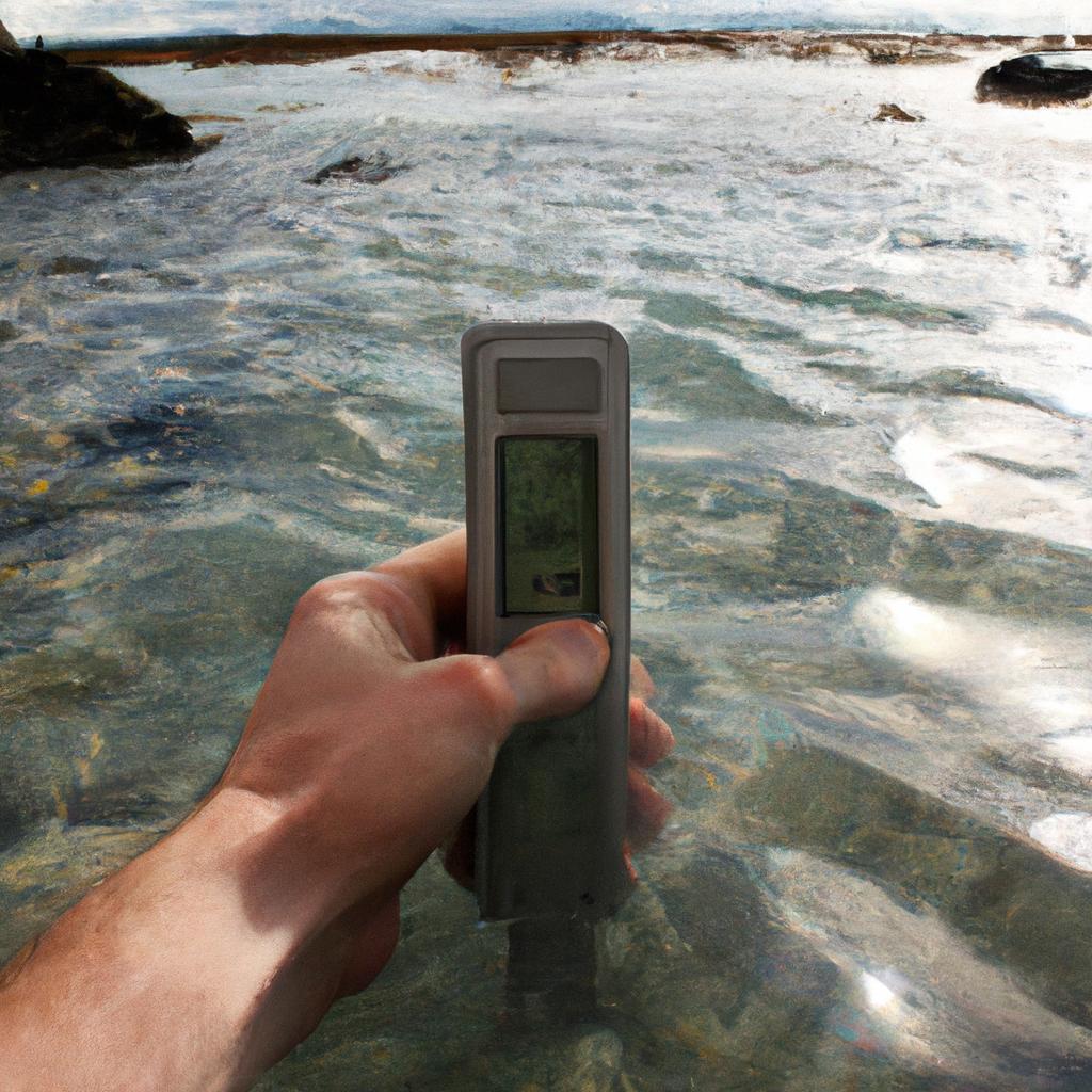 Person measuring rising sea levels