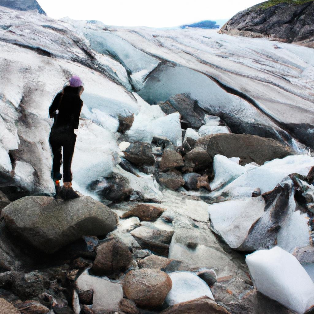 Person observing melting glaciers, climate