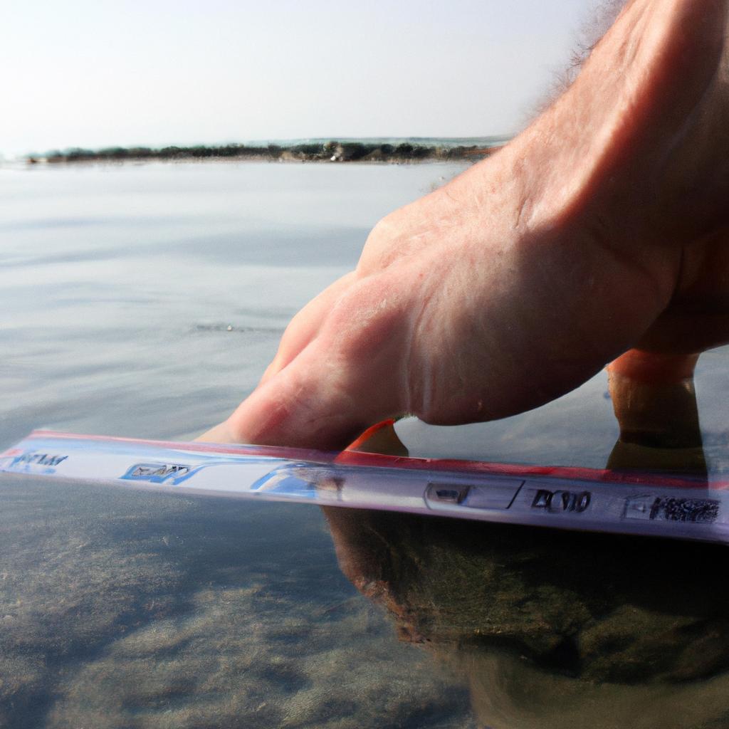 Person measuring rising sea levels
