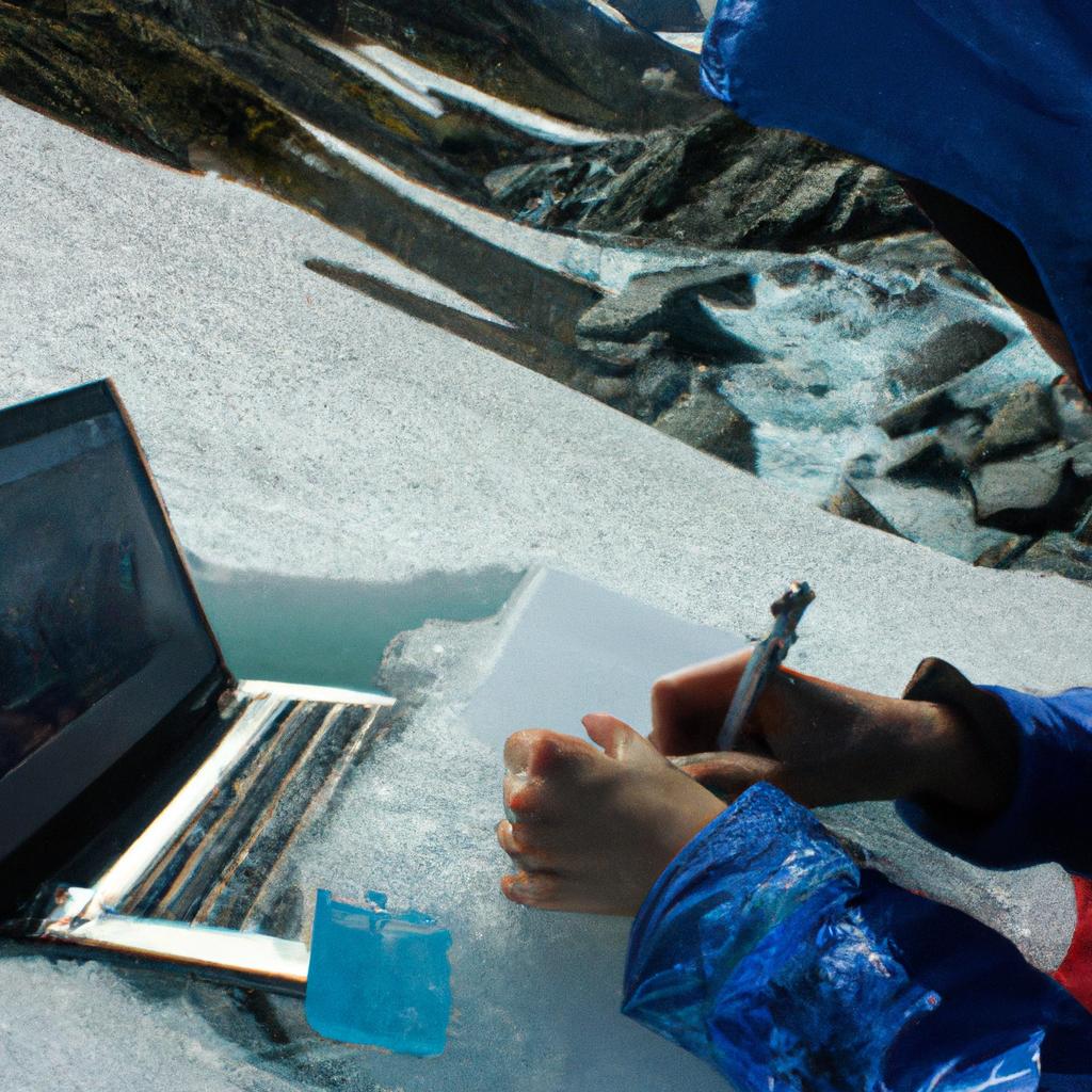 Person studying melting glaciers, researching