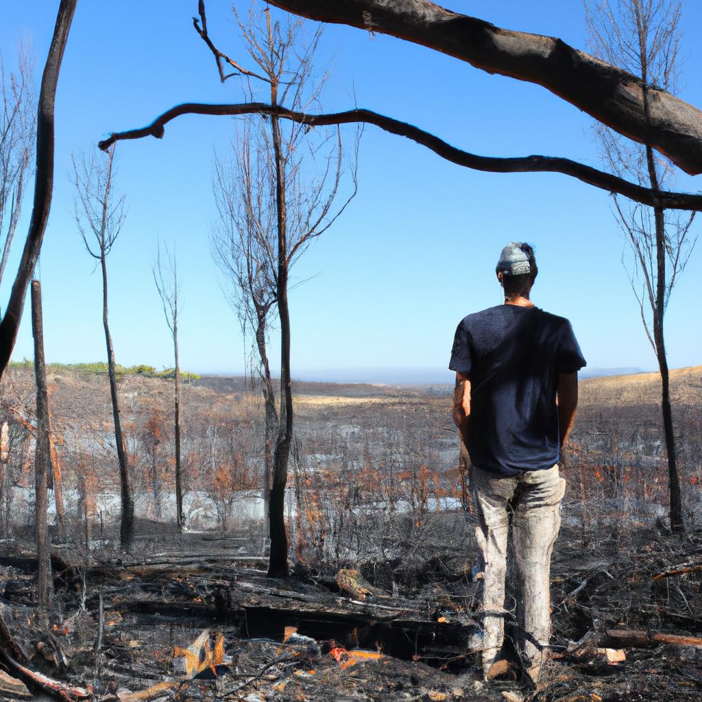 Person observing wildfire destruction aftermath